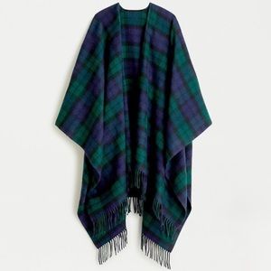 NWT J.Crew Wool Blend Poncho Scarf in Green and Navy Black Watch Plaid XS-S